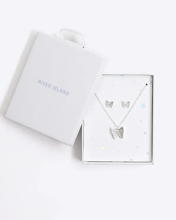 Girls silver butterfly necklace and earrings