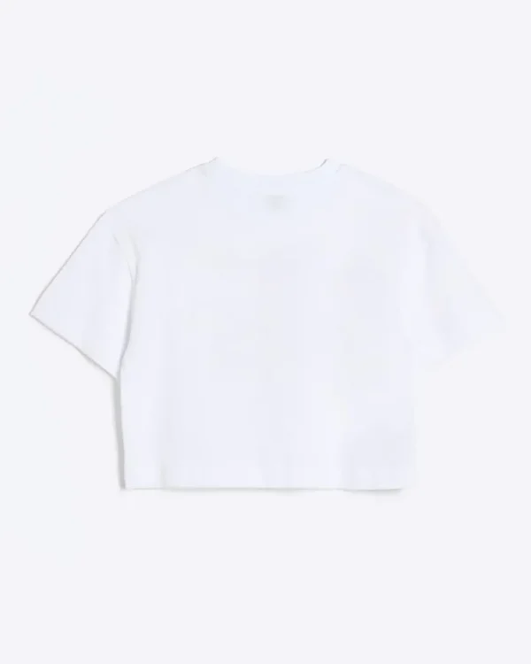 Girls white embossed cropped graphic t-shirt