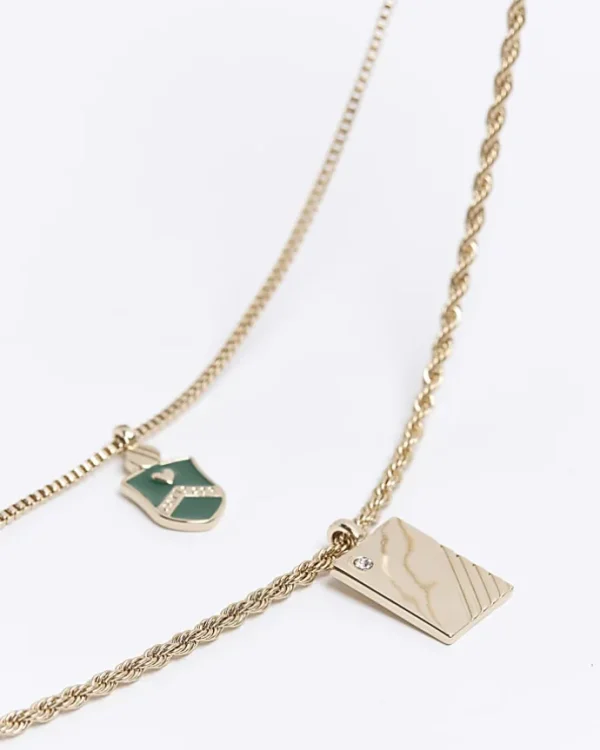 Gold colour shield and tag multirow necklace