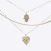 Gold heart and hand multirow necklace