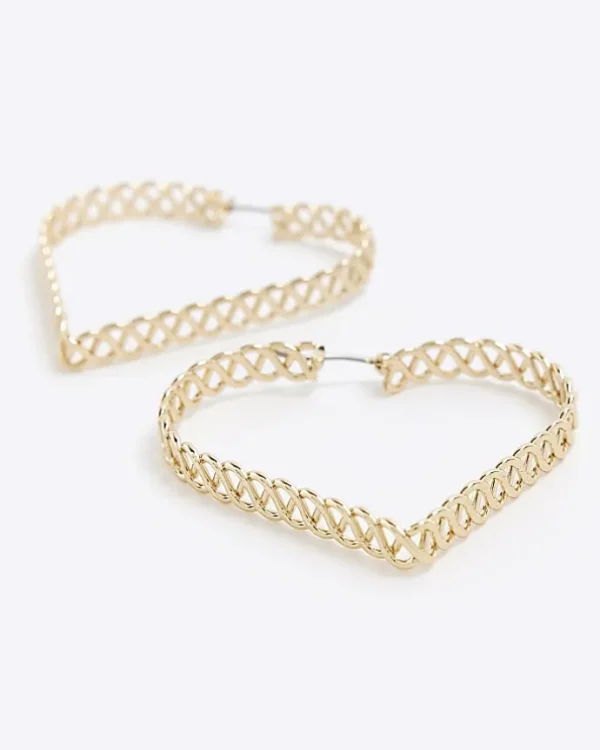 Gold Heart Chain Hoop Earrings