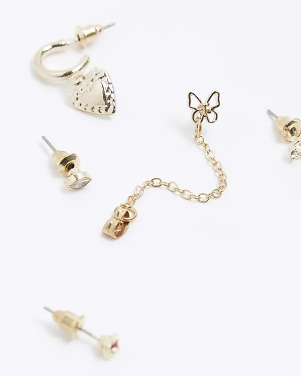 Gold heart stud and drop earrings multipack