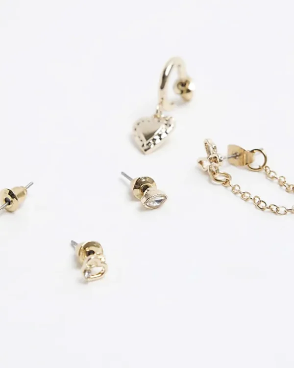 Gold heart stud and drop earrings multipack