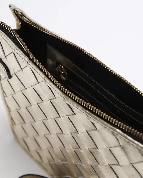 Gold leather weave cross body bag