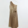 Gold plisse asymmetric slip midi dress