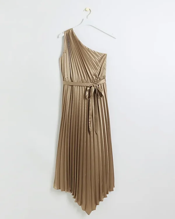 Gold plisse asymmetric slip midi dress