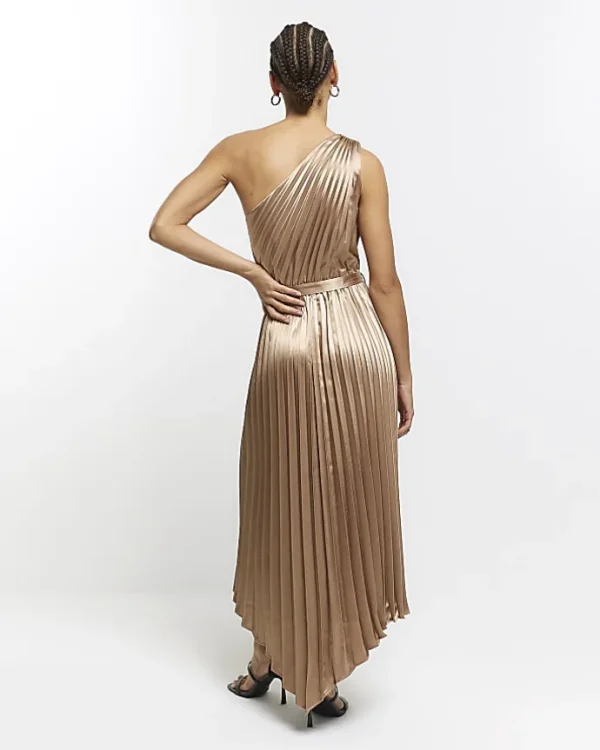 Gold plisse asymmetric slip midi dress