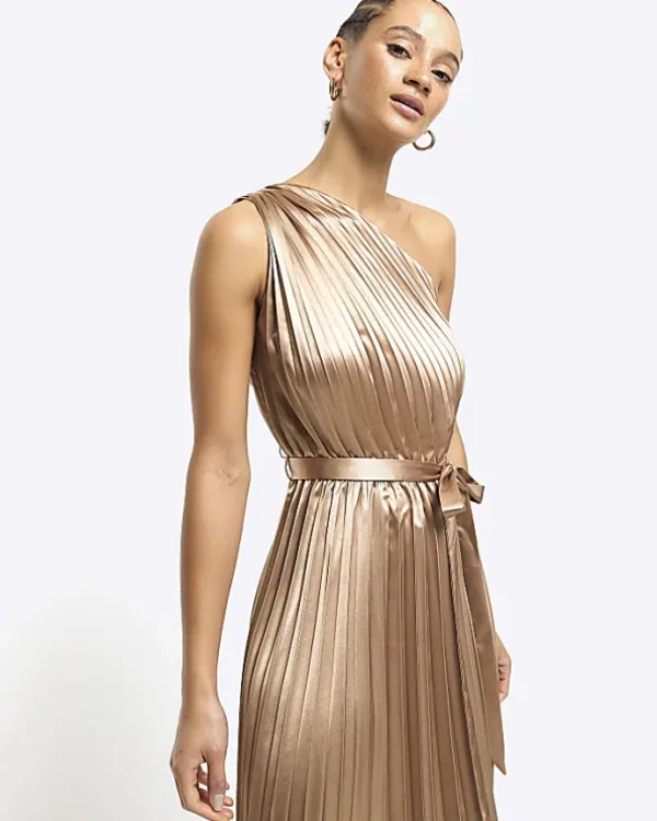 Gold plisse asymmetric slip midi dress