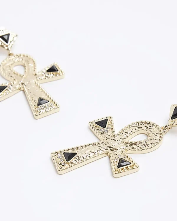 Gold Textured Cross Drop Earrings