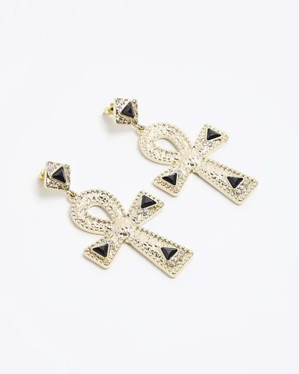 Gold Textured Cross Drop Earrings