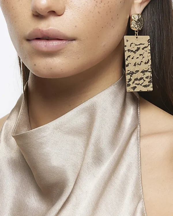 Gold Textured Tag Drop Earrings