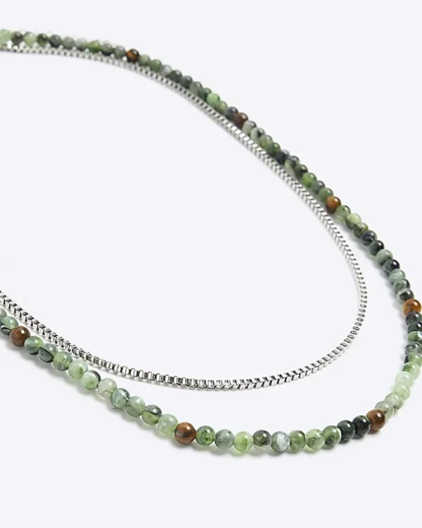 Green beaded multirow necklace