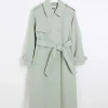 Green belted longline trench coat