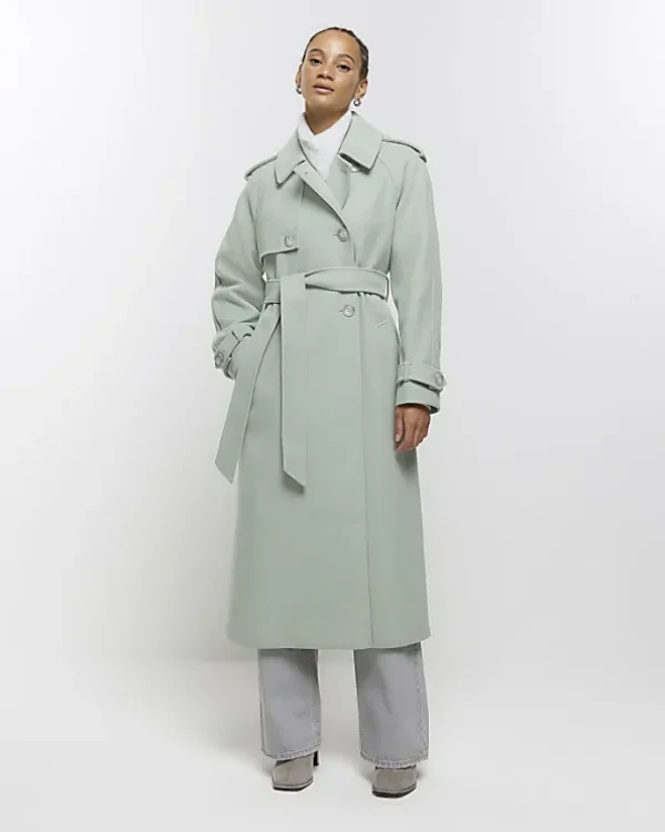 Green belted longline trench coat