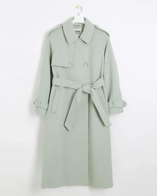 Green belted longline trench coat