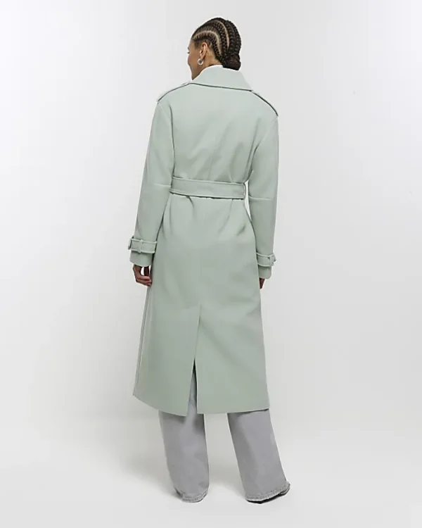 Green belted longline trench coat