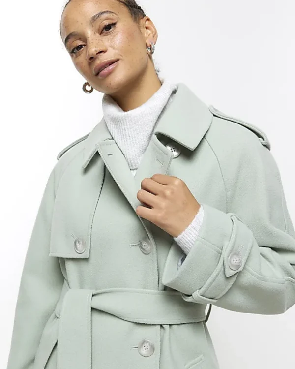 Green belted longline trench coat