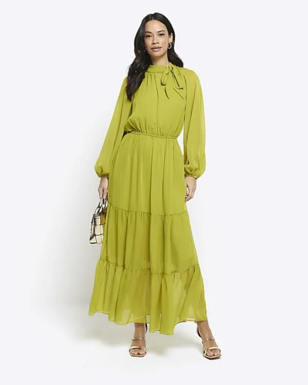 Green bow swing midi dress