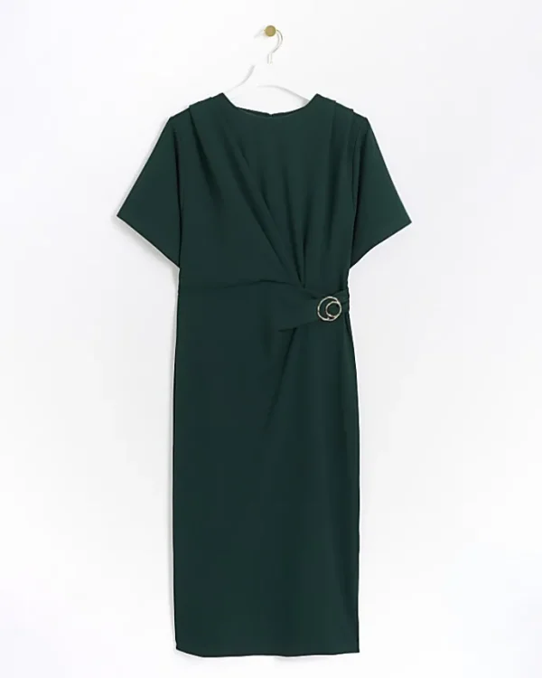 Green buckle wrap bodycon midi dress