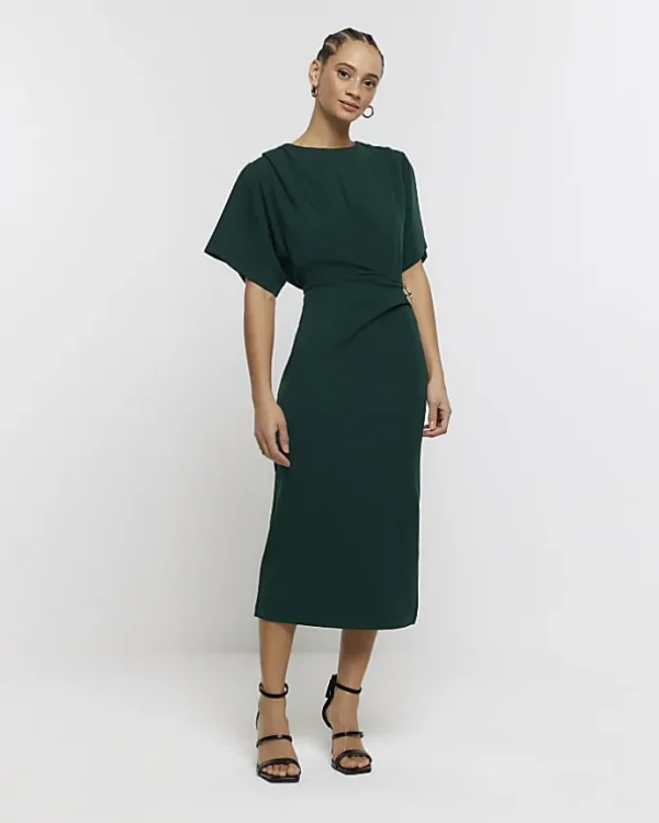 Green buckle wrap bodycon midi dress