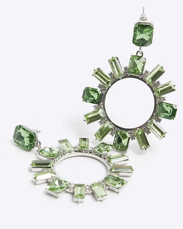 Green diamante open circle stud earrings