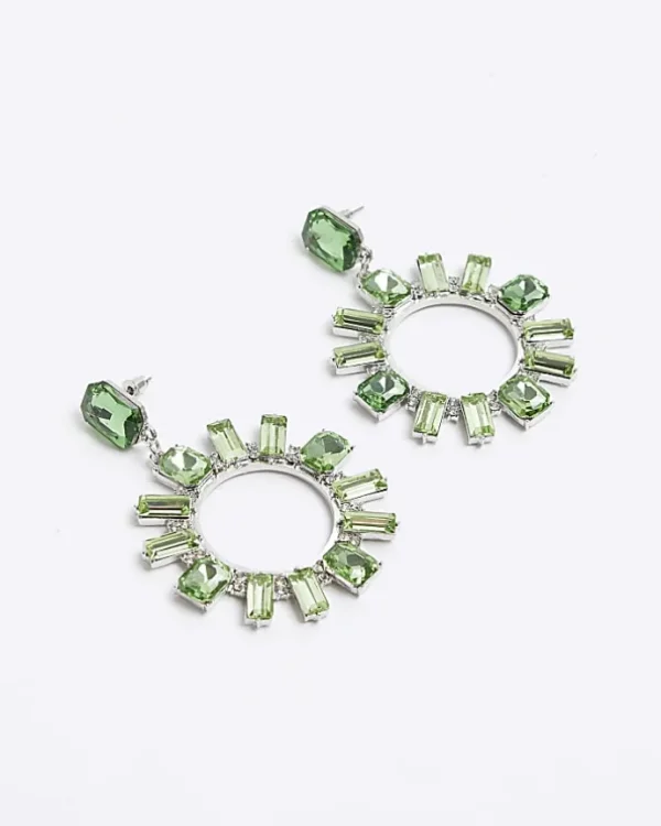 Green diamante open circle stud earrings