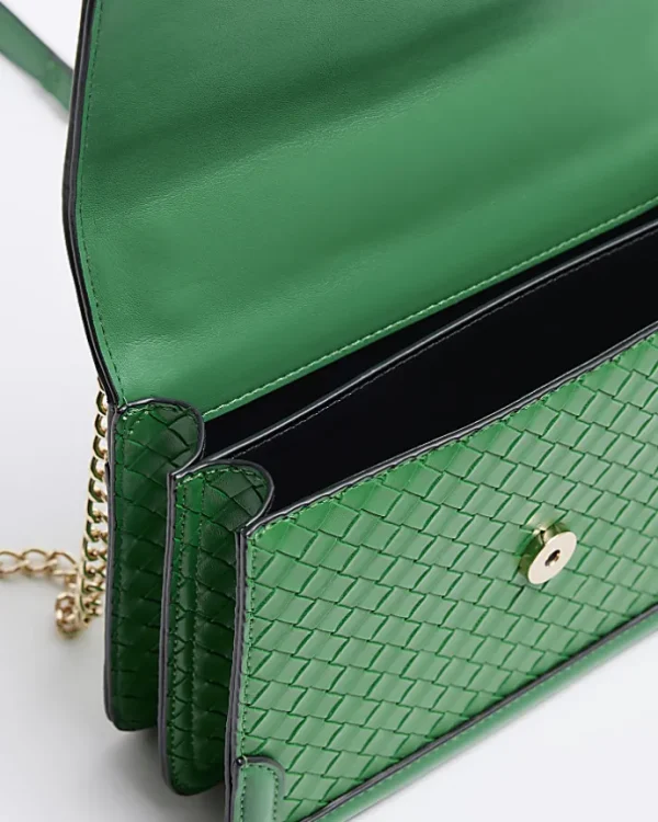 Green embossed woven satchel bag