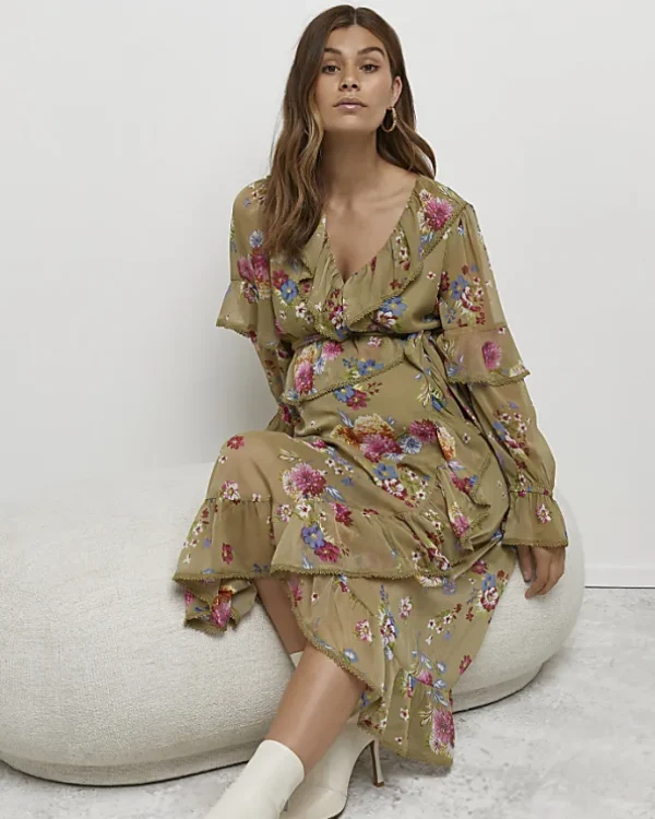 Green floral maternity wrap midi dress