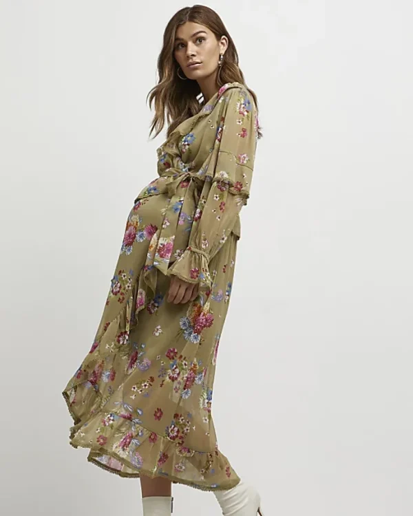 Green floral maternity wrap midi dress