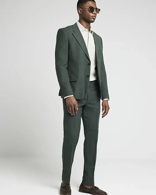 Green linen slim fit suit trousers