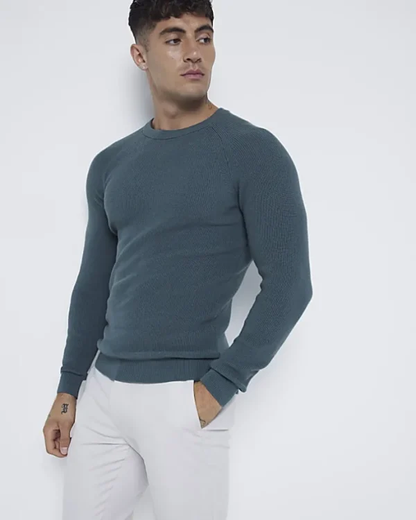 Green muscle fit rib jumper