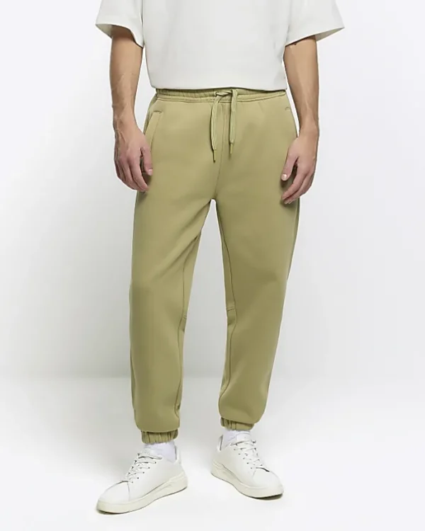 Green regular fit rib panel joggers