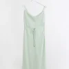 Green satin cowl neck slip midi dress