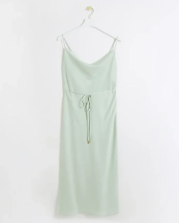 Green satin cowl neck slip midi dress