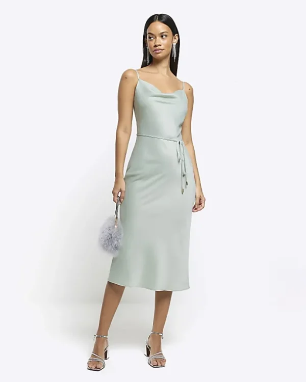 Green satin cowl neck slip midi dress