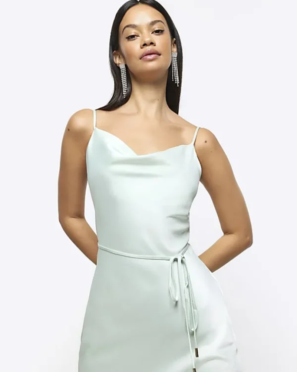 Green satin cowl neck slip midi dress