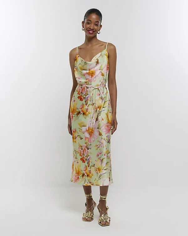 Green satin floral cowl neck slip midi dress