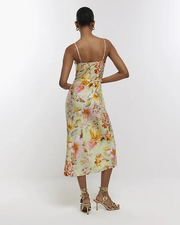 Green satin floral cowl neck slip midi dress