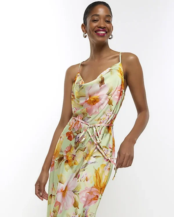 Green satin floral cowl neck slip midi dress