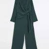 Green satin knot detail jumpsuit