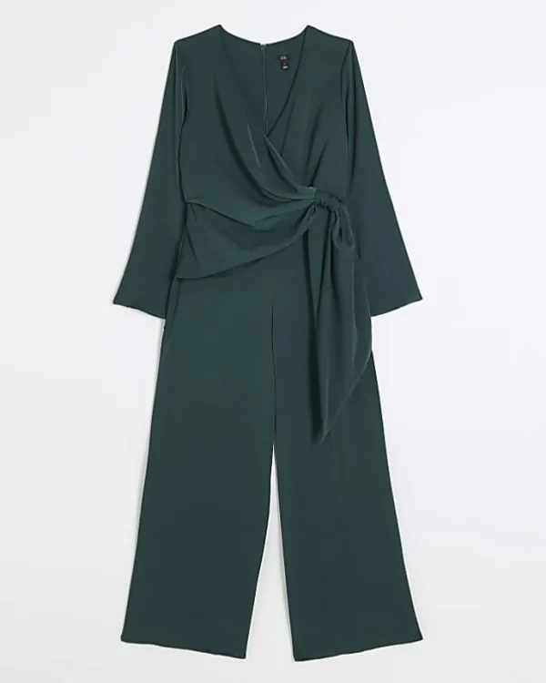 Green satin knot detail jumpsuit