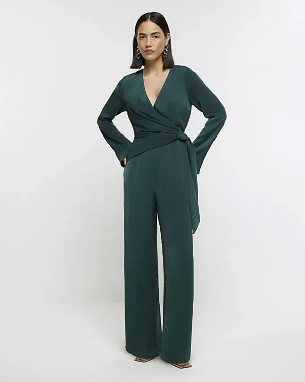 Green satin knot detail jumpsuit