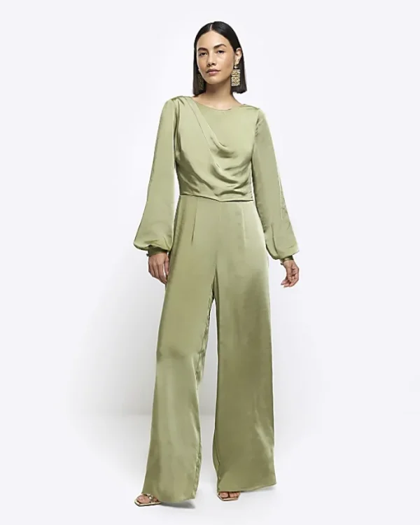 Green satin open back jumpsuit