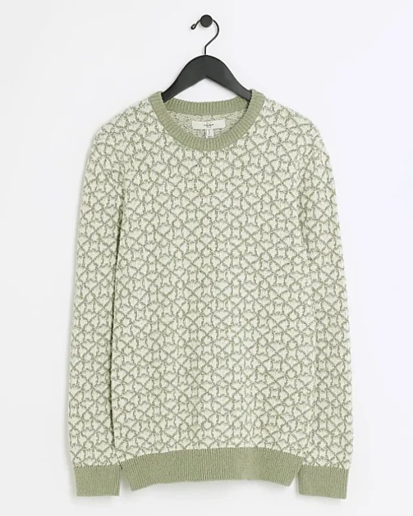 Green slim fit jacquard crew jumper