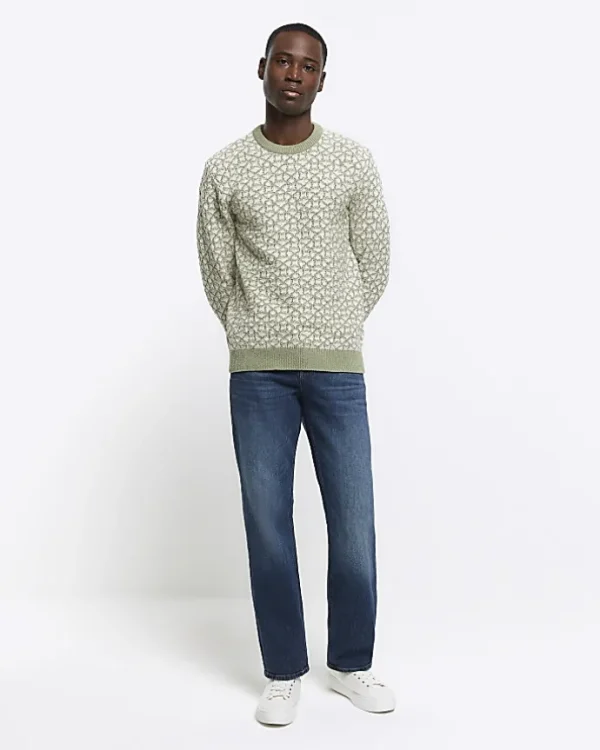 Green slim fit jacquard crew jumper