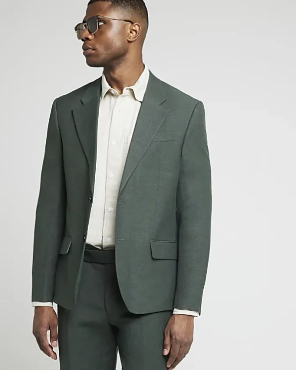 Green slim fit linen suit jacket