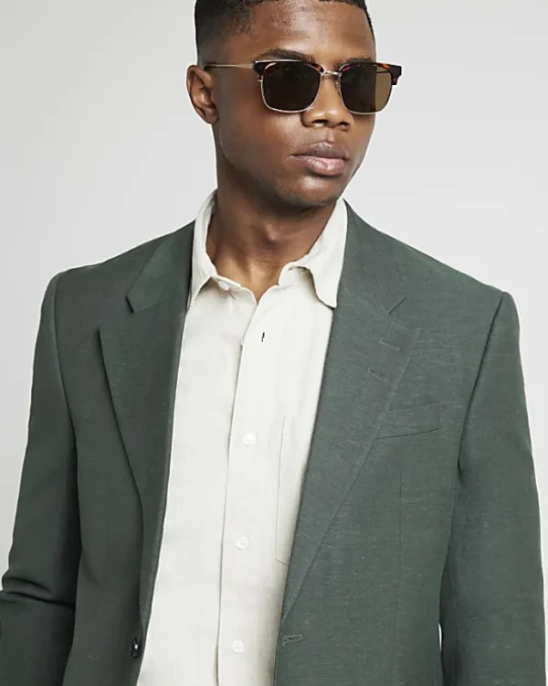 Green slim fit linen suit jacket