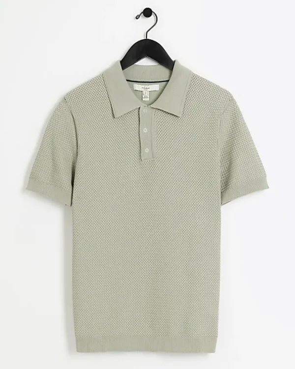 Green slim fit textured knit polo