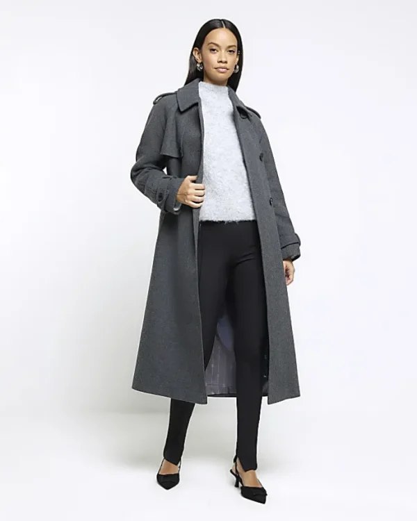 Grey belted longline trench coat