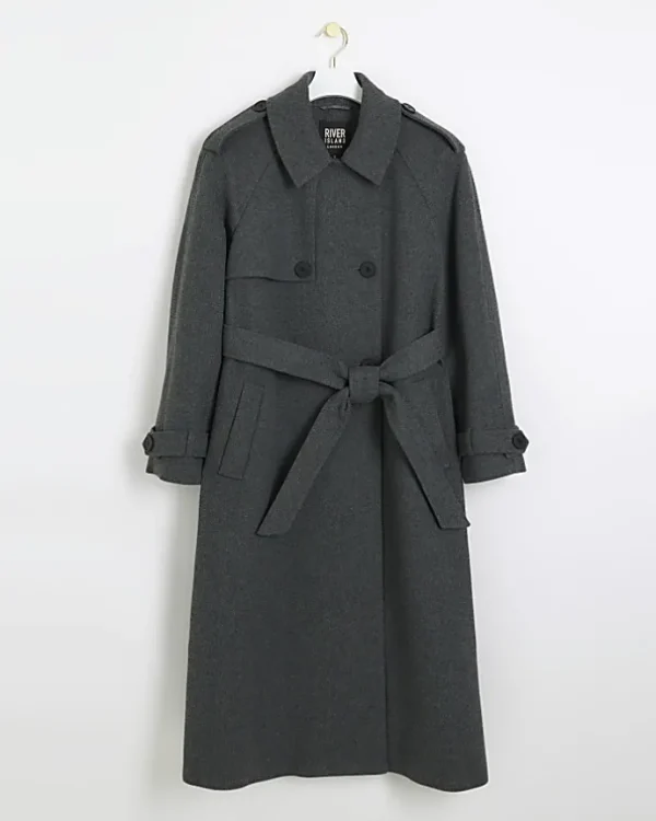 Grey belted longline trench coat